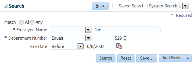 ADF Faces query component with three search criteria