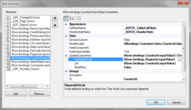 Design Time Dependent List of Values in Table Component