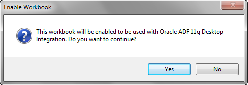 Dialog to enable ADF Desktop Integration in a workbook.
