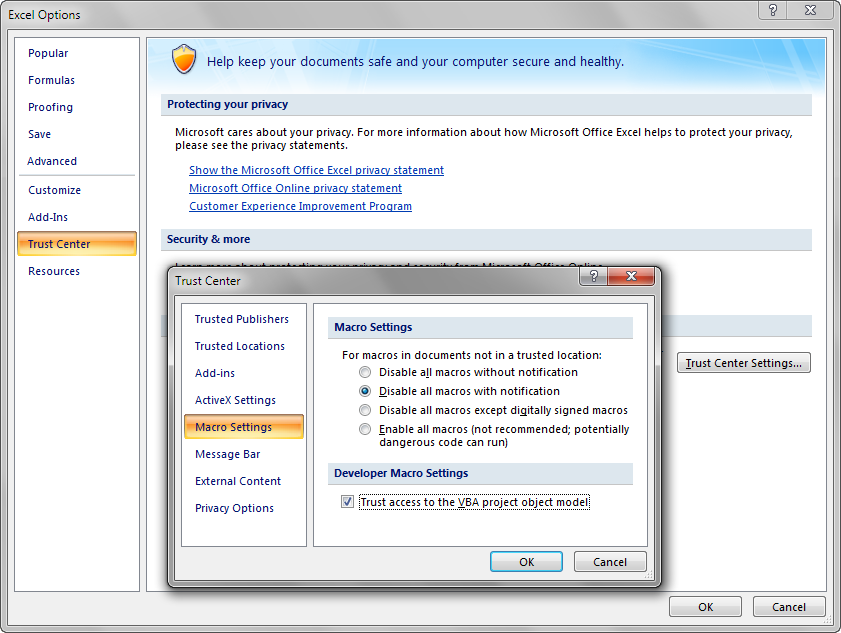 Excel Trust Center dialog