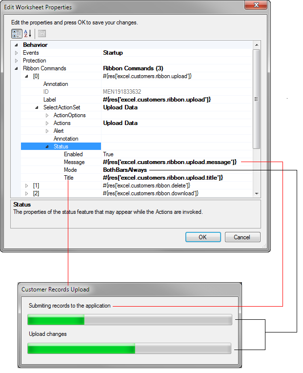Status message properties in an ActionSet
