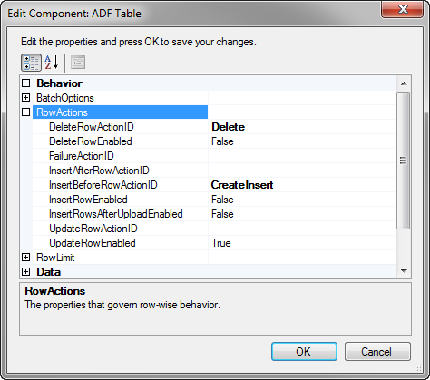 ADF Table RowAction properties to update data