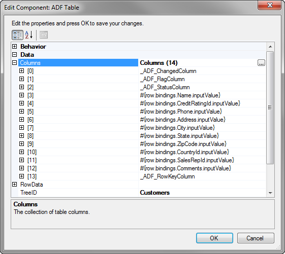 Table Component Property Inspector
