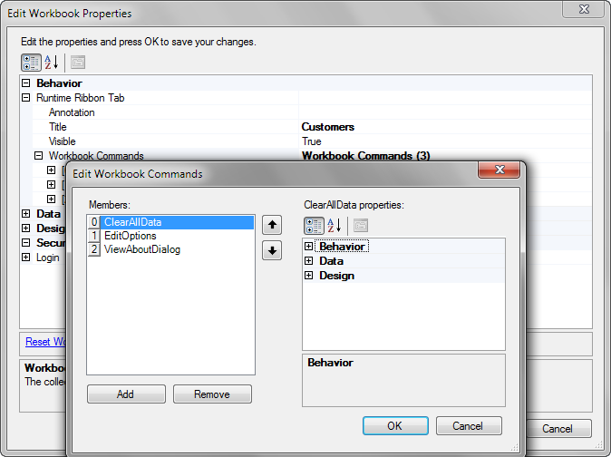The workbook menu item collection displays menu items.