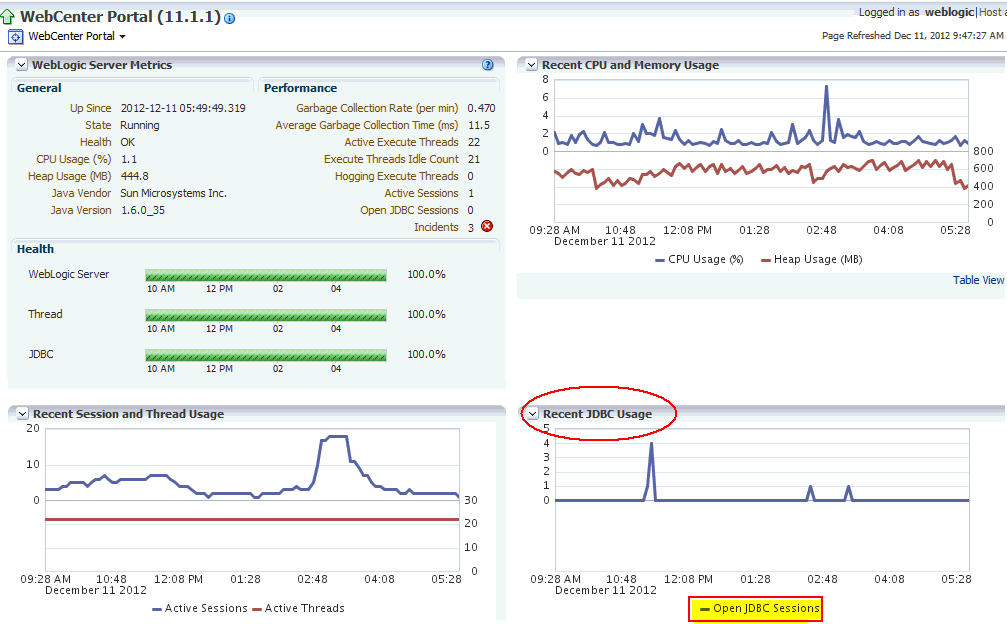 Recent WebLogic Server Metrics Page - JDBC