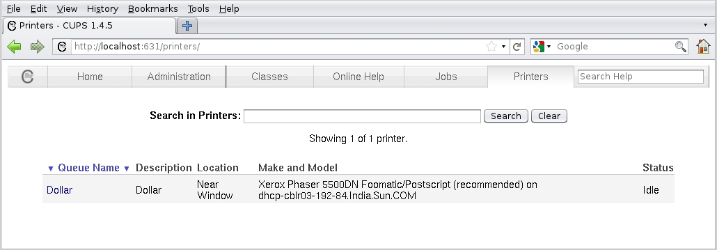 image:Figure of the CUPS web browser interface, with the                                                 Search in Printers dialog box displayed.