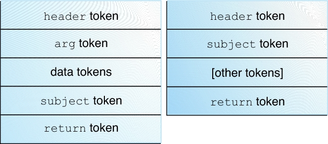 image:Graphic shows two typical audit record structures. The kernel record                         contains data tokens before the subject token.