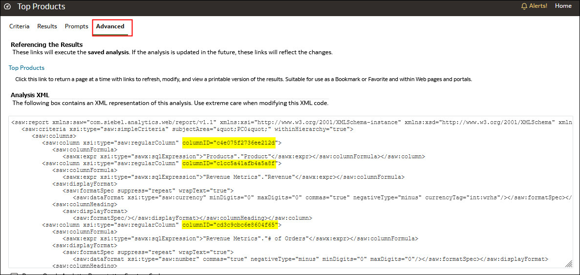 XML en el separador Avanzado del editor de análisis