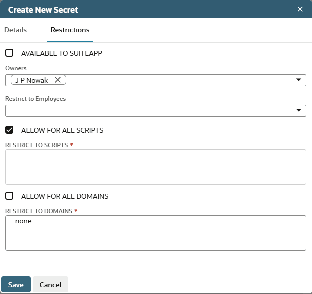 Create New Secrets dialog, Restrictions tab, completed for the OCI fingerprint as described in the procedure.