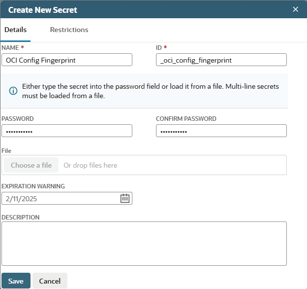 Create New Secrets dialog, Details tab, completed for the OCI fingerprint as described in the procedure.