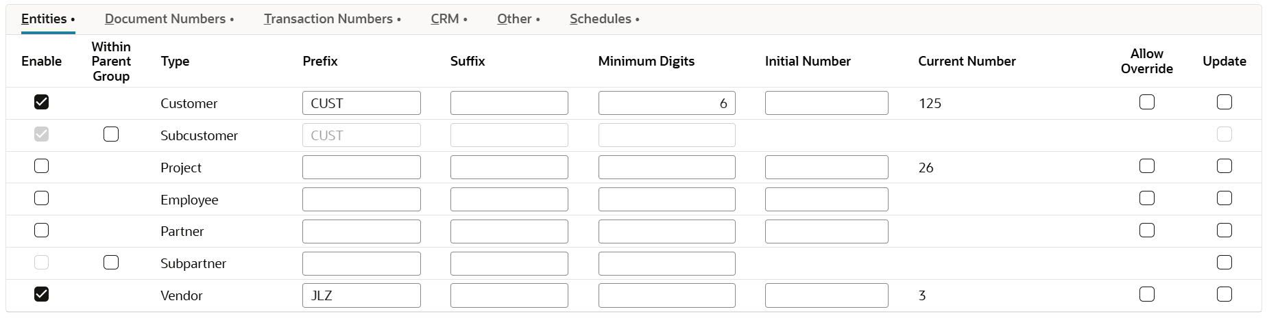 Entities subtab with the Customer and Subcustomer boxes checked.