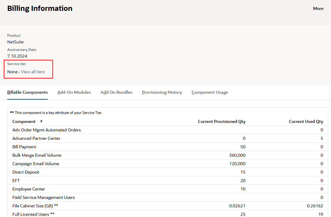 Service Tier field on the Billing Information page.