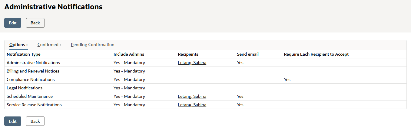 Administrative Notifications page
