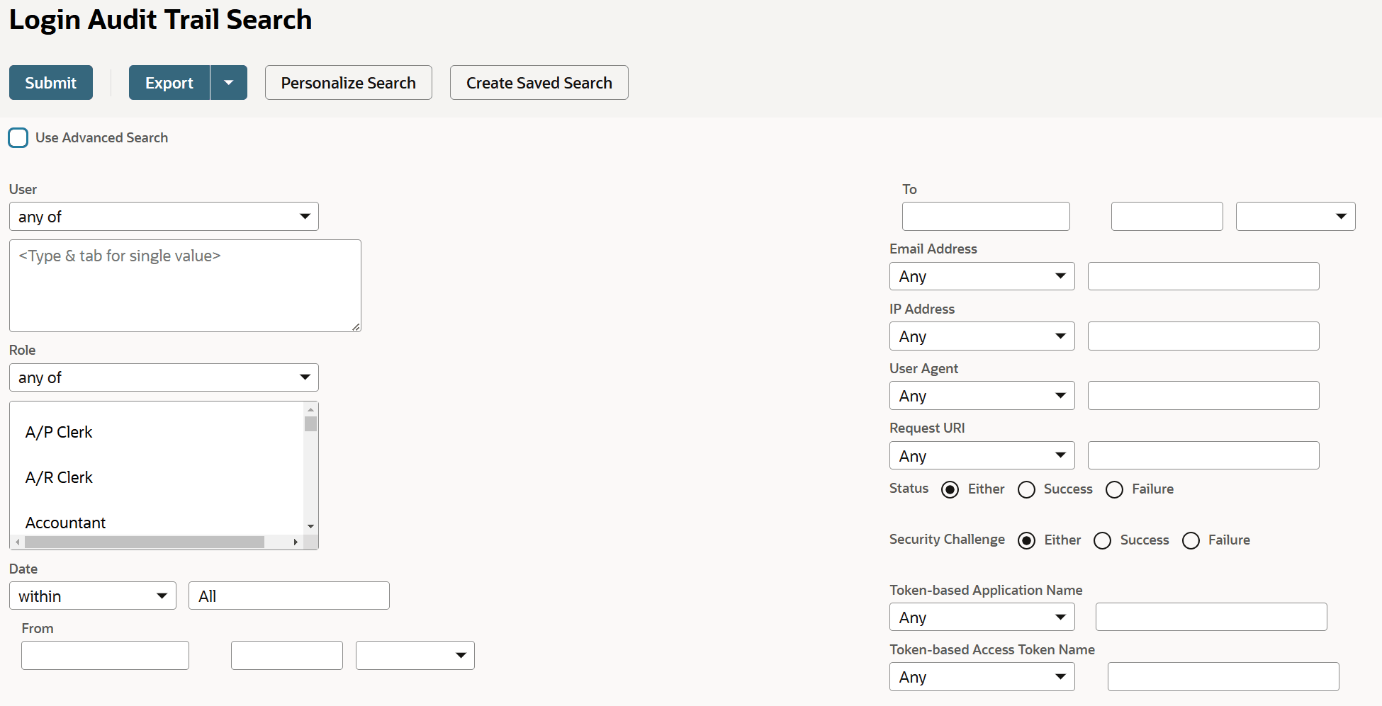 Login Audit Trail Search page with available filters.