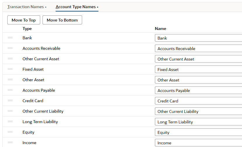 Account Type Names subtab