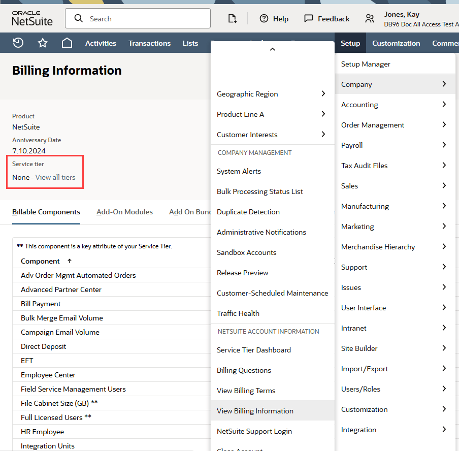 Service Tier field on the Billing Information page.