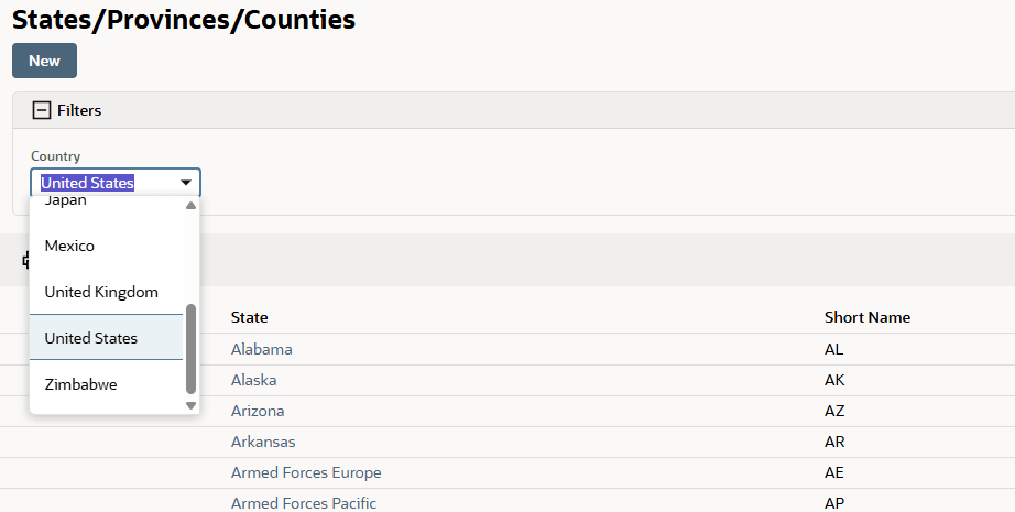 Country options on the States/Provinces/Counties page.