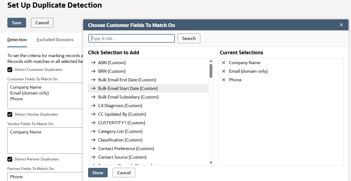 Customer Fields To Match On field