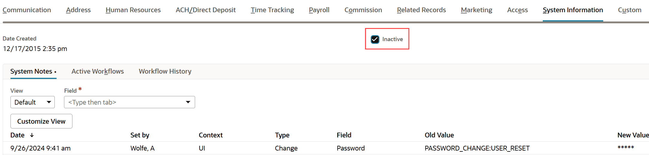 Inactive box on the System Information subtab.