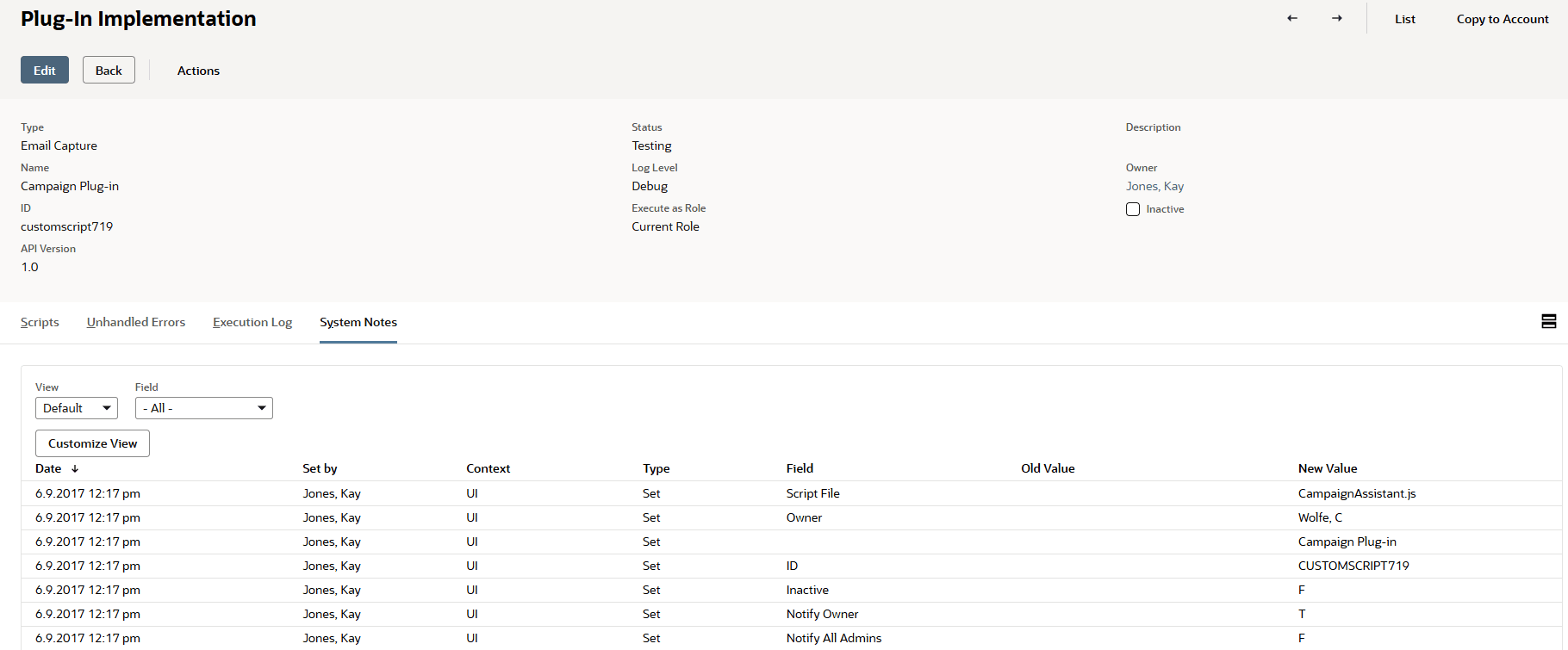 System Notes subtab on the Plug-In Implementation page.