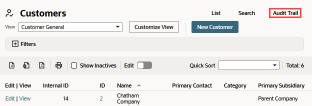 Audit Trail link on the Customers page.