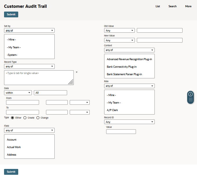 Customer Audit Trail search criteria.