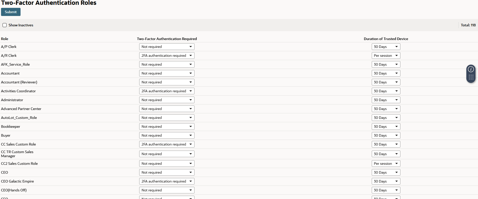 Two-Factor Authentication Roles page