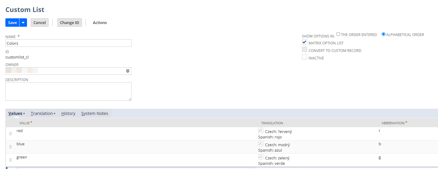 Matrix Option List box checked on the Custom List Edit page.