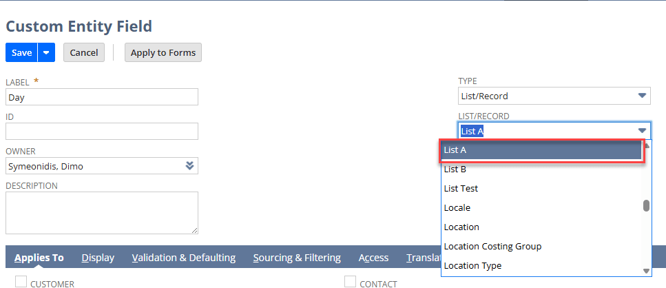 List of days highlighted on the Custom Entity Field page.