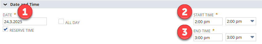 Date and time fields on the Standard Event page.