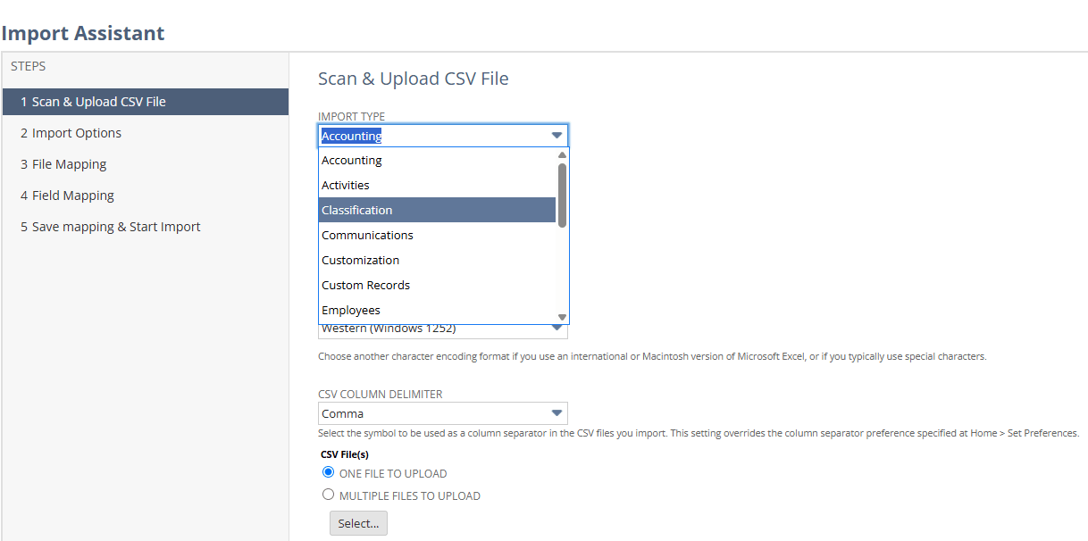 Import Type dropdown list.