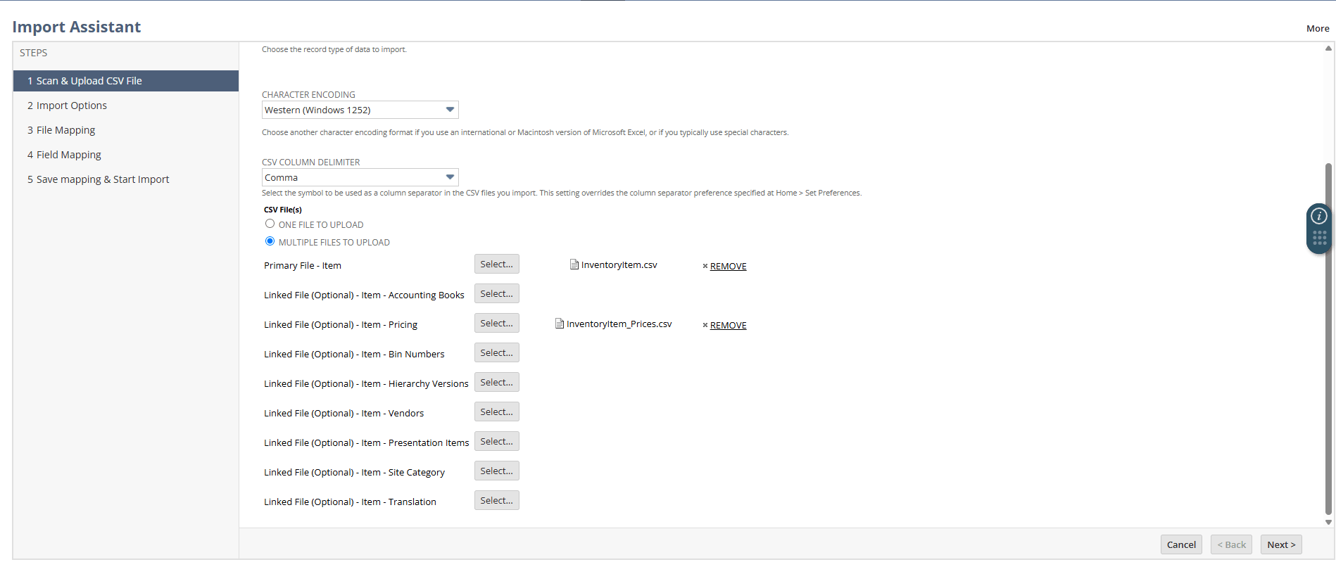Example of a multiple files import in Step 1.