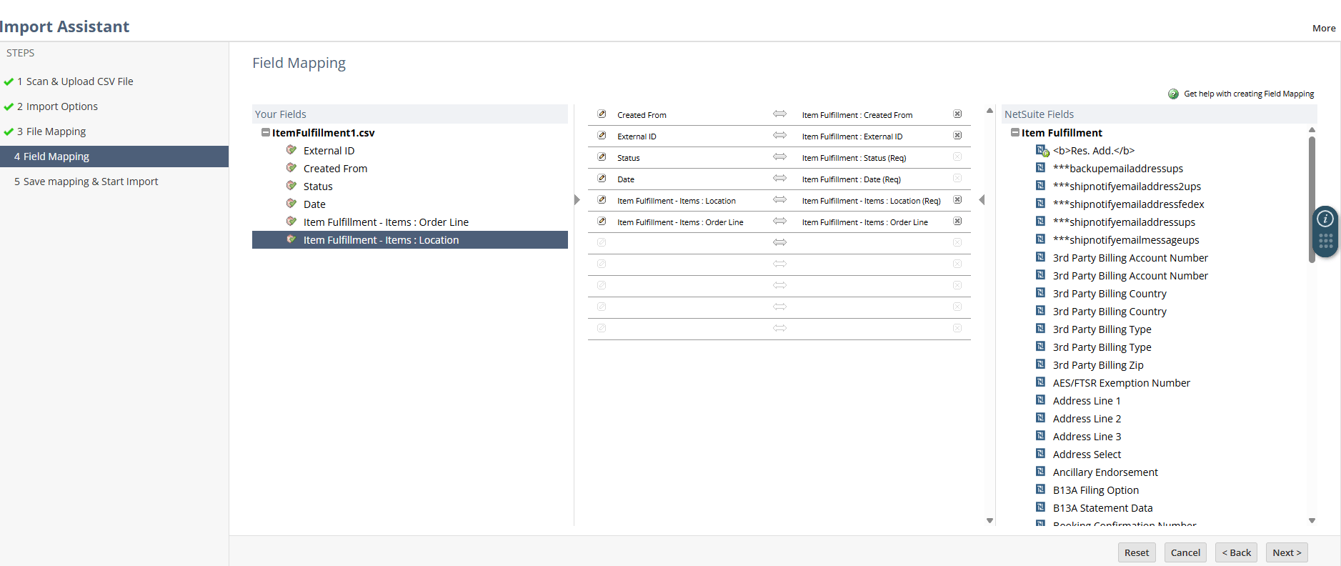 Import Assistant Mapping page with numbering on each pane, showing the steps for manual mapping