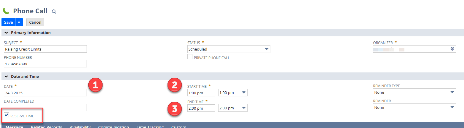 Date and time fields on the Phone Call page.