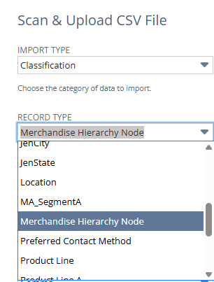 Merchandise Hierarchy Node record type selected on the Import Assistant page.