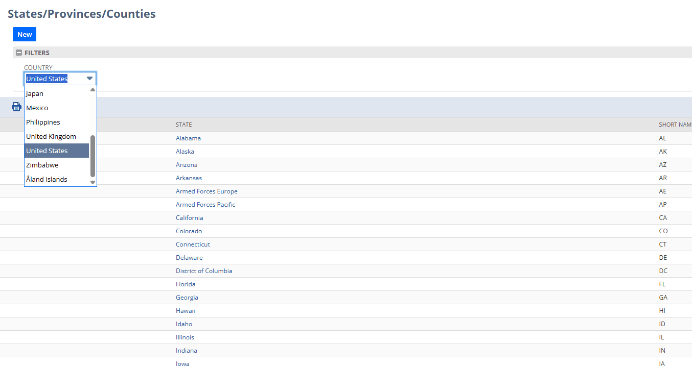 Country list on the States/Provinces/Counties page.