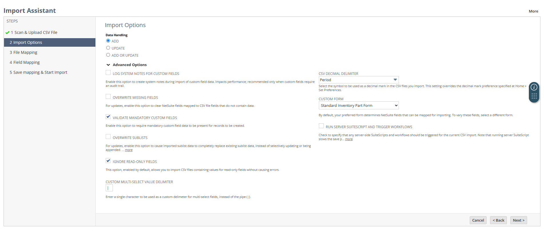 Import Assistant Step 2 Import Options.