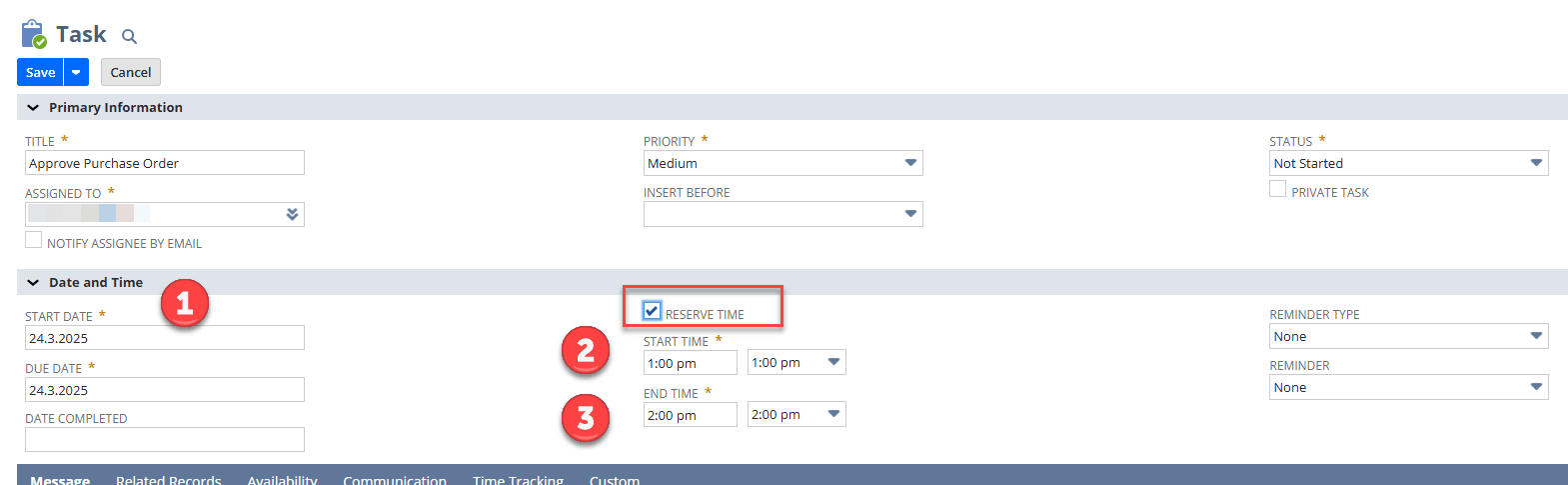 Date and time fields highlighted on the Task page.