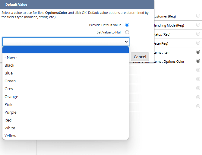 Default Value window with the Provide Default Value field options.