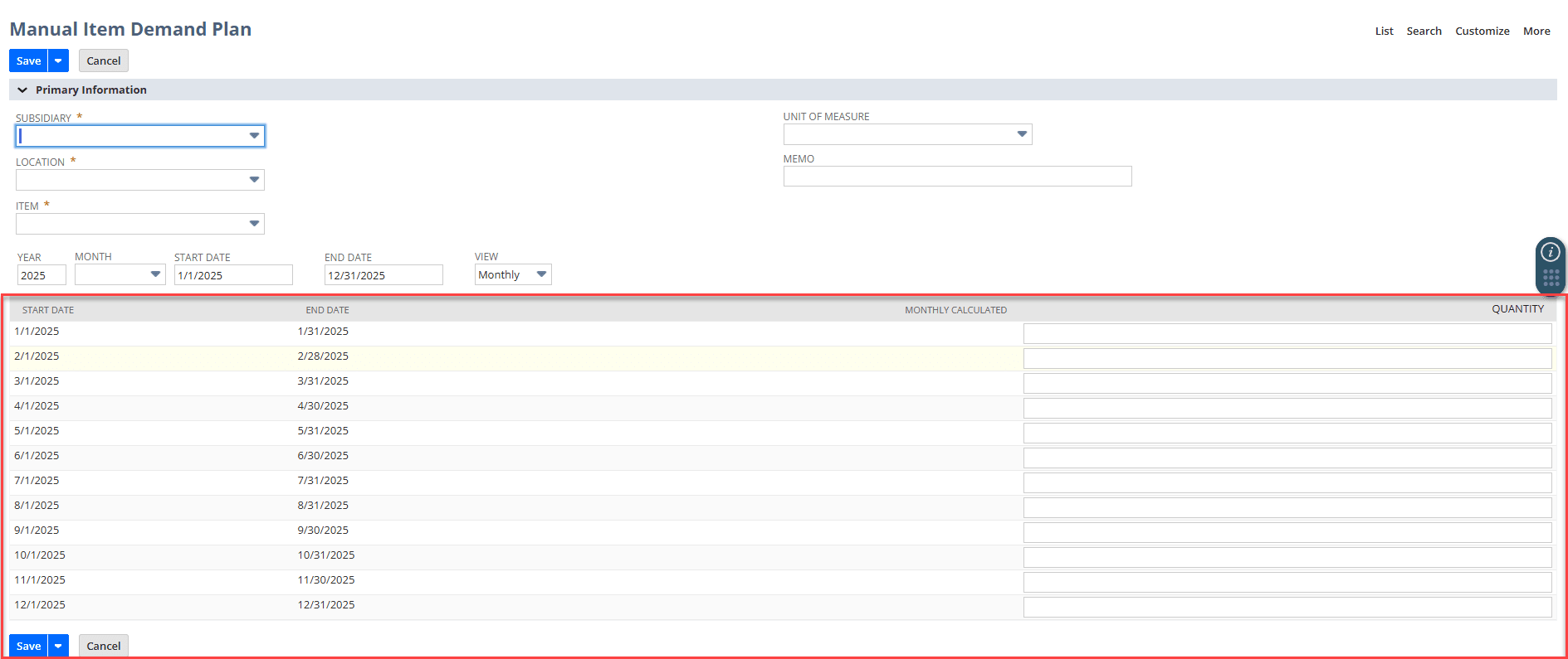 Sublist fields on the Monthly Item Demand Plan.