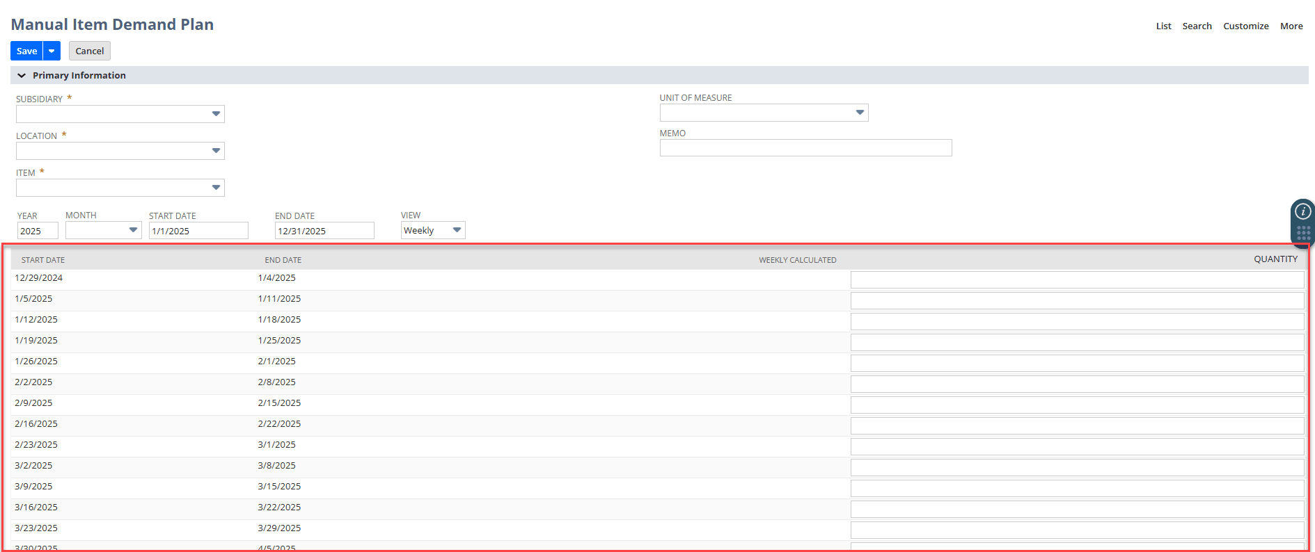 Sublist fields on the Weekly Item Demand Plan.