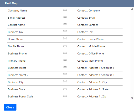 Popup window showing the mapped source and target fields.