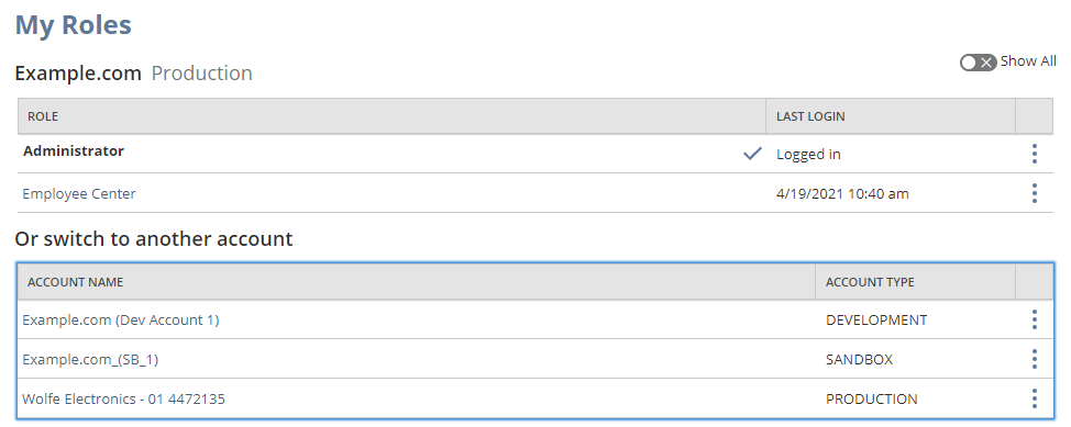 My Roles page showing your roles in the current account and other accounts you can switch to.