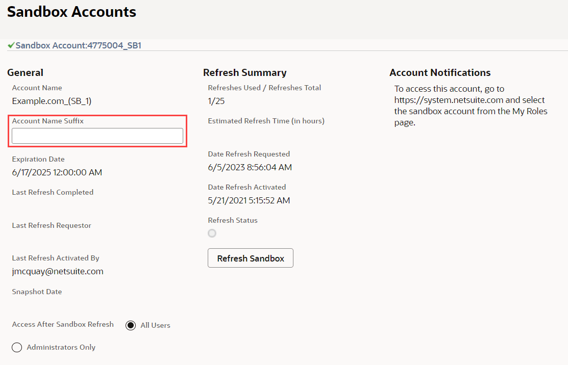Example of adding a name suffix to a sandbox account.