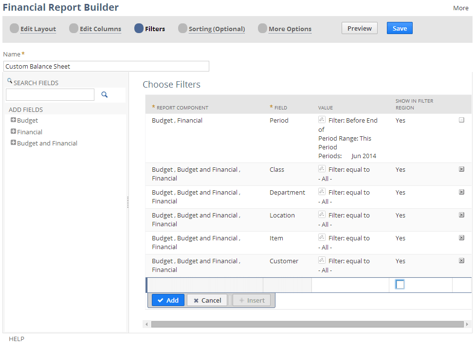 Screenshot of the Filters page of the Financial Report Builder