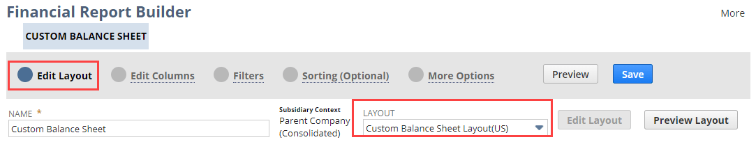 Screenshot of the Layout list on the Edit Layout page of the Financial Report Builder
