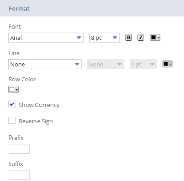 Screenshot showing format options for reference rows on the Edit Layout page of the Financial Report Builder