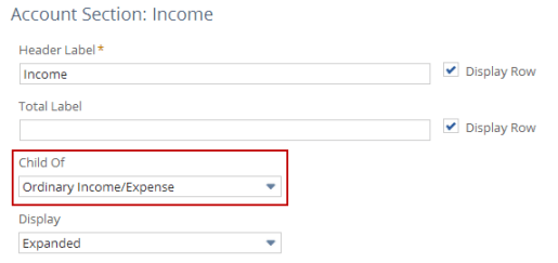 Screenshot of the field that controls section hierarchy, the Child Of list, for the Income account section on the Edit Layout page of the Financial Report Builder