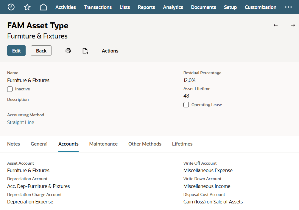 Accounts subtab of the Asset Type record