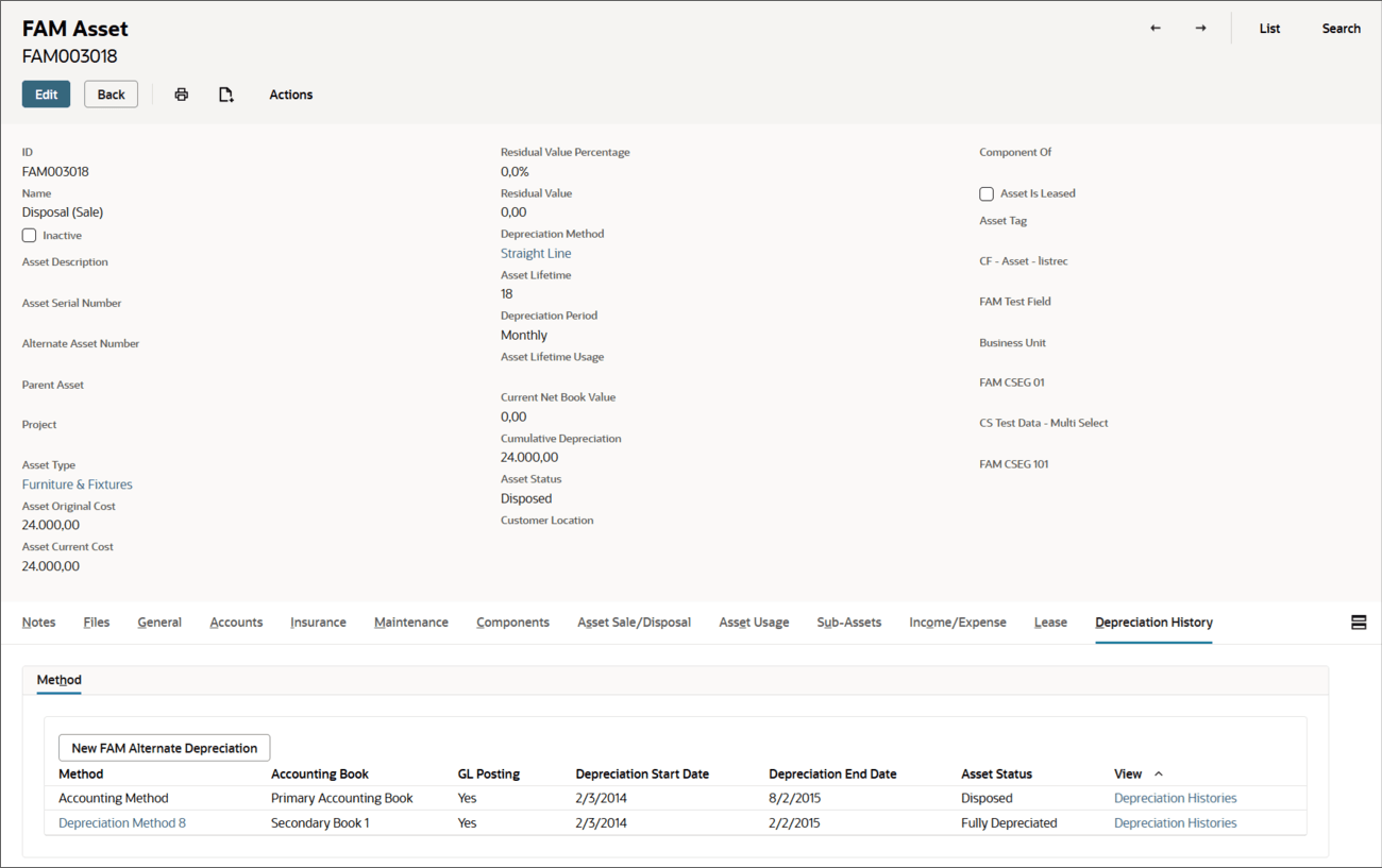 Asset sale or disposal in multi-book accounts